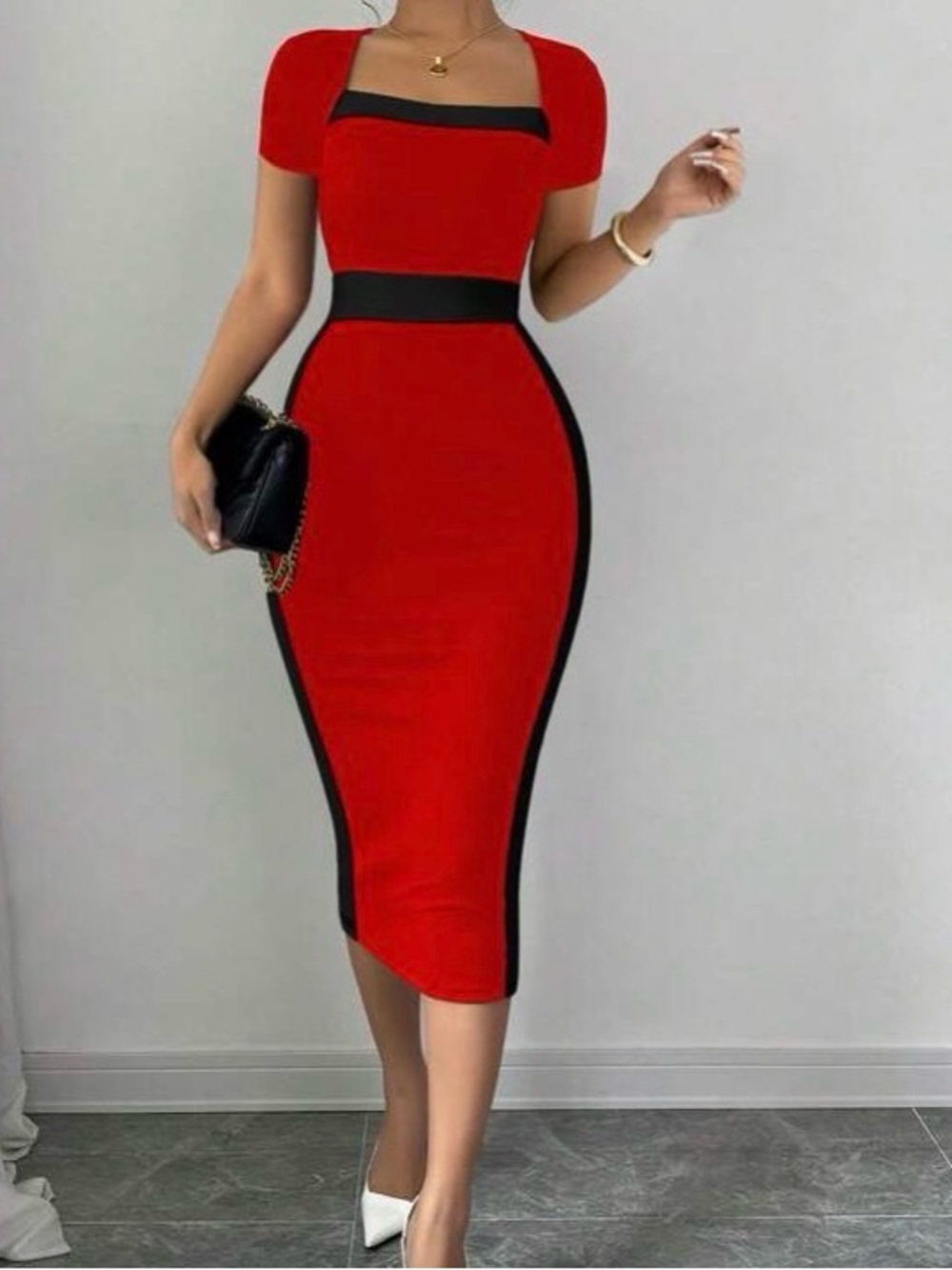 Red Bodycon Midi Dress with Black Contrast Trim